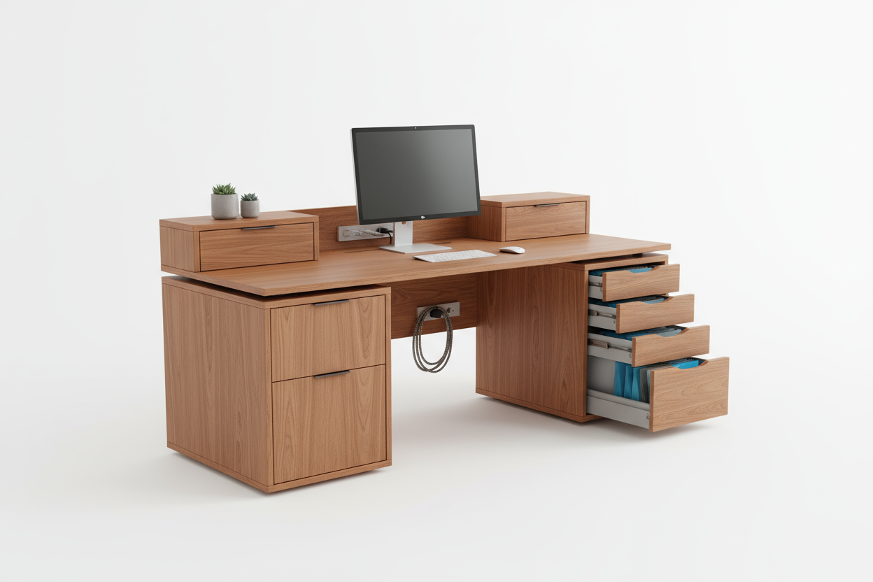A stylish and functional workspace solution featuring integrated cabinets, filing drawers, and cable management. Built from birch with custom finish options.