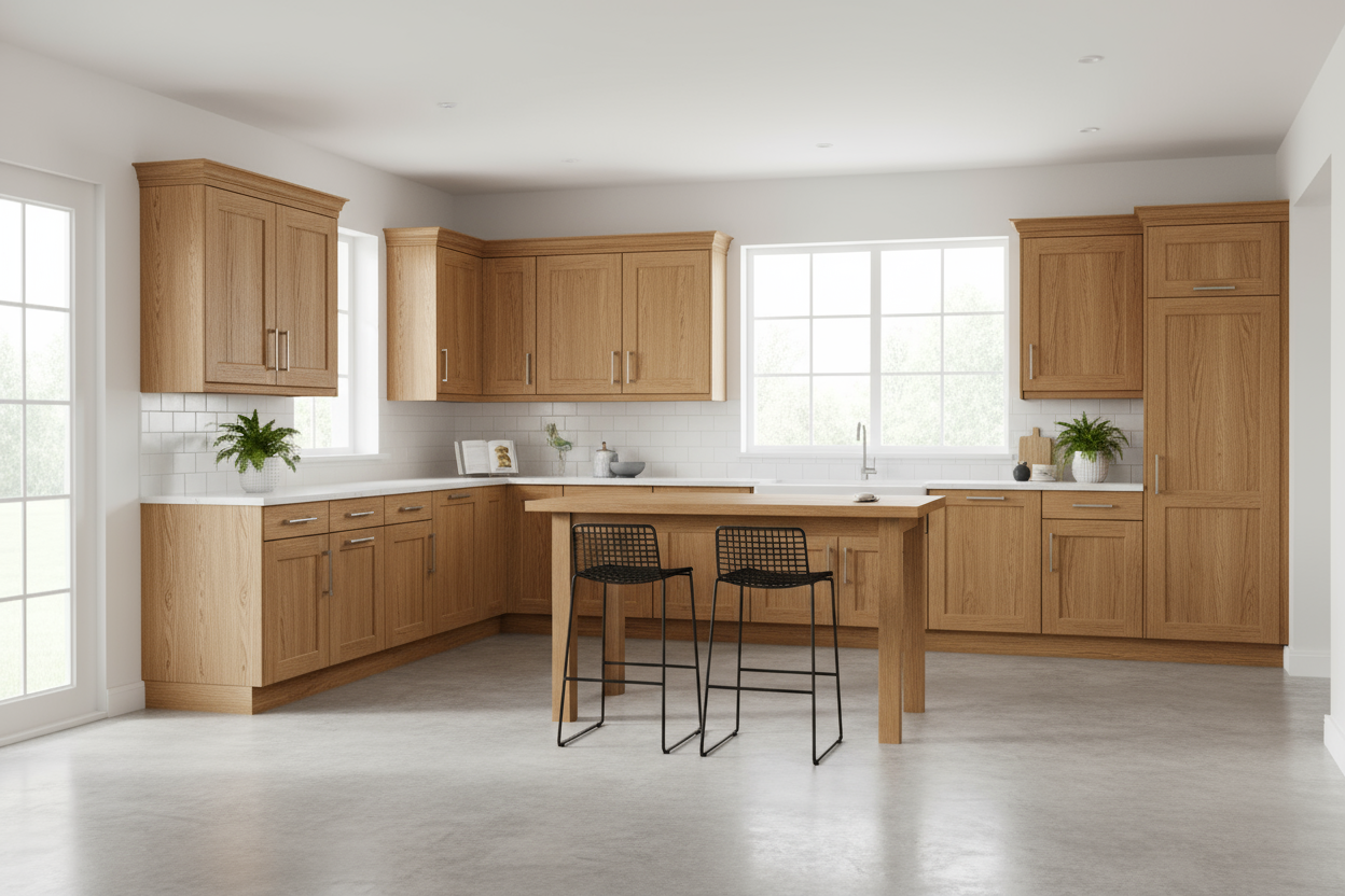 A timeless full-kitchen cabinet set featuring clean Shaker-style doors, solid maple frames, and soft-close drawers. Available in white, gray, or natural oak finishes.