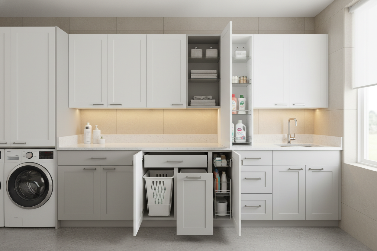 Durable cabinet system designed for laundry and utility rooms, featuring moisture-resistant finishes and ergonomic storage solutions.